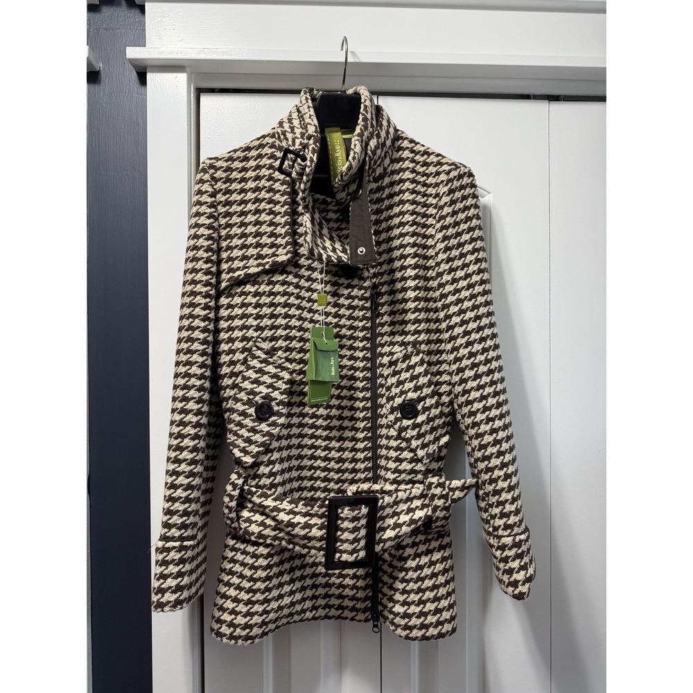 Soia Kyo Woman S Canvas Coat Jacket Casual Trench Belted Houndstooth Wool Blend